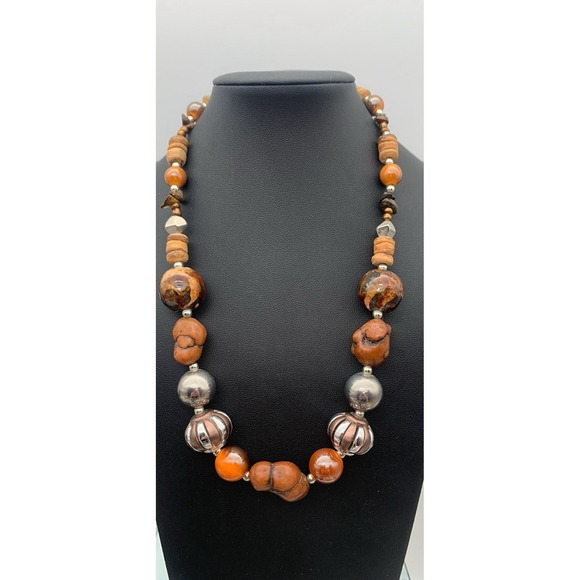Boho Imports Jewelry - Silver Tone Stone Wood And Acrylic Chunky Boho Necklace 18-20 Inches